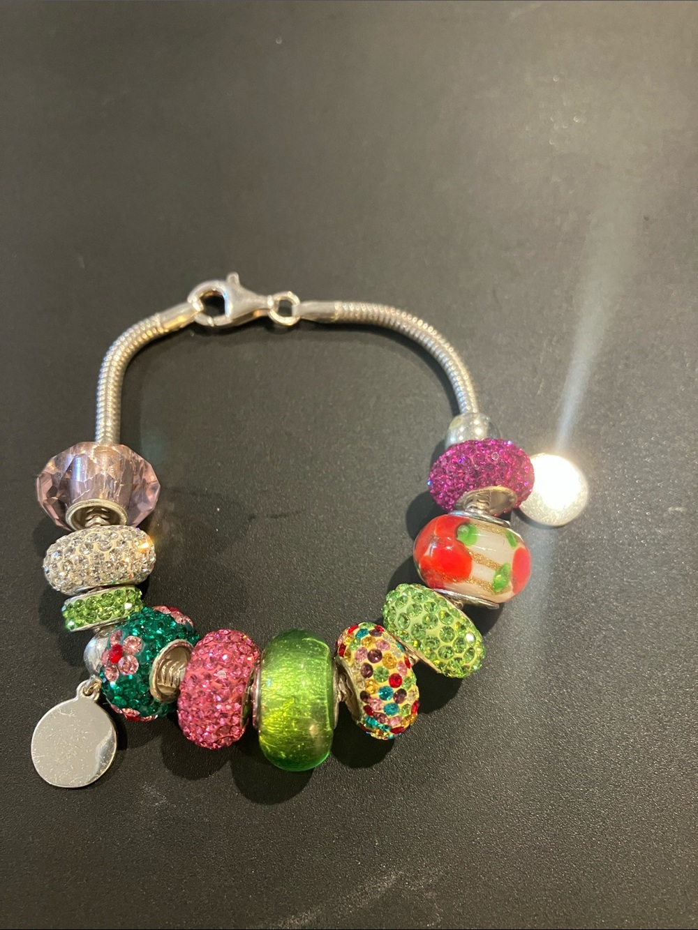 Belk Silverworks Sterling Charm Bracelet with Pink and Green Beads. Charms